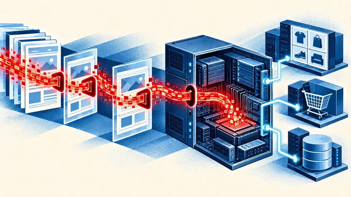Illustration éditoriale pour « BlockStrap ouvre une brèche critique dans les boutiques Magento et Adobe Commerce »